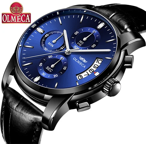 OLMECA Relogio Masculino мужские часы роскошные часы 3ATM водонепроницаемые часы с хронографом наручные часы с кожаным ремешком часы для мужчин - Цвет: Black Blue Leather