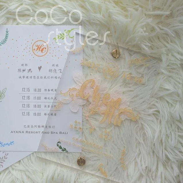 Cocostyles custom personalized gold silk screen lucid acrylic invitation card with forever flower for garden wedding | Дом и сад