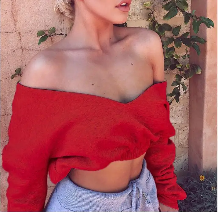 

Women Short sweatershirt Autumn Sexy Deep v-neck off Shoulder Casual Long Sleeve Tops Beach Shirts