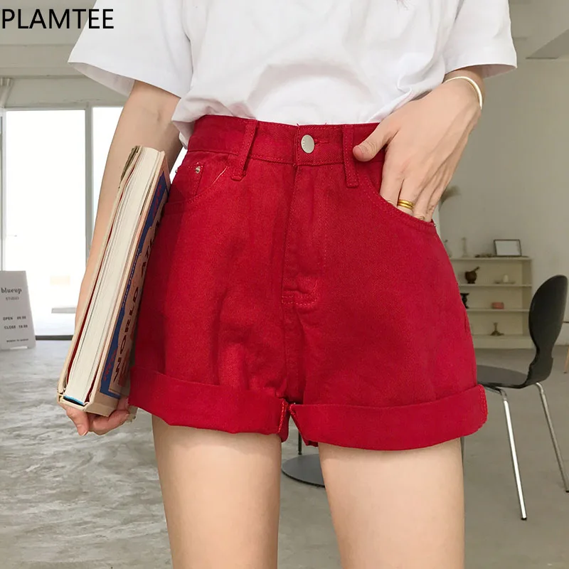 PLAMTEE одноцветное Цвет красный свернувшись Джинсовые шорты для Для женщин Мода 2018