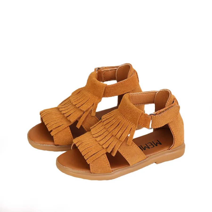 Летние сандалии для девочек Сандалии из натуральной кожи с кисточками