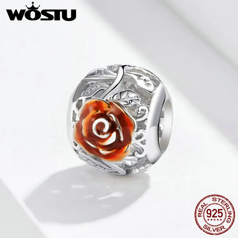 WOSTU красная эмаль Роза цветок бусины 100% Серебро 925 пробы Шарм Подходит
