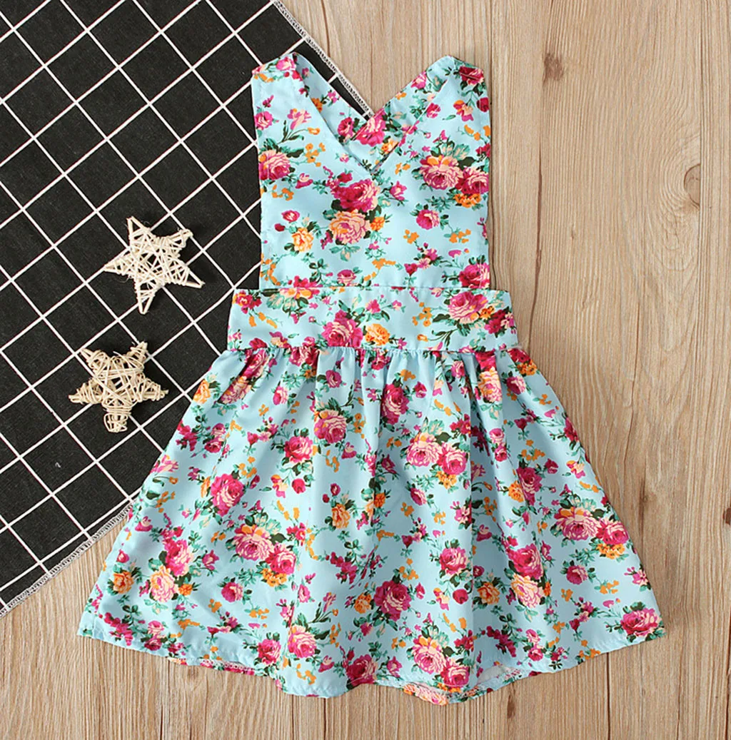 Summer Girl Dress Children Backless Lacing Floral Print Romper Sundress Kids for Girls Fashion Clothing 2020 | Детская одежда и