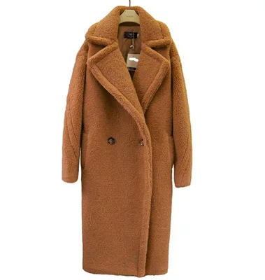 caramel new Fashion Faux Fur Long Coat Women Lamb Fur Coats Autumn Winter Women's Clothing Warm Parkas Outerwear N844 - Цвет: caramel