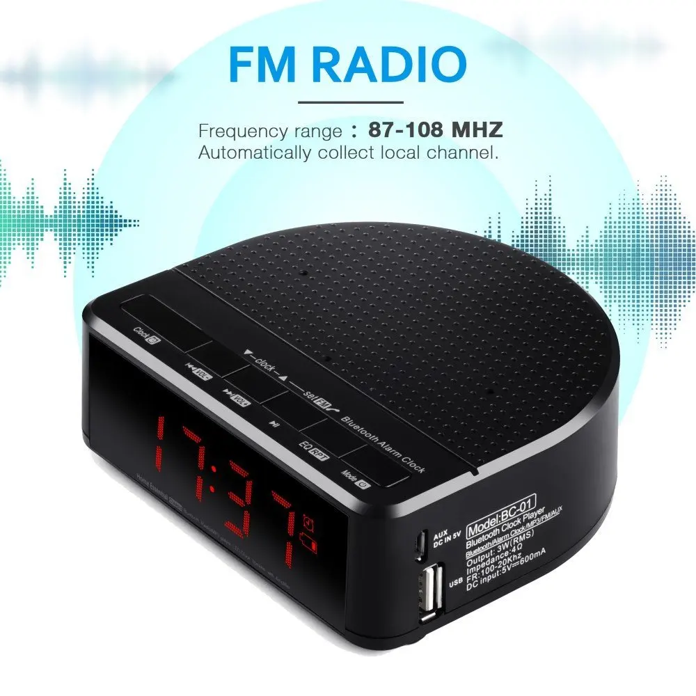 Цифровой Будильник радио с bluetooth динамиком дисплей красной цифрой 2 диммером fm USB