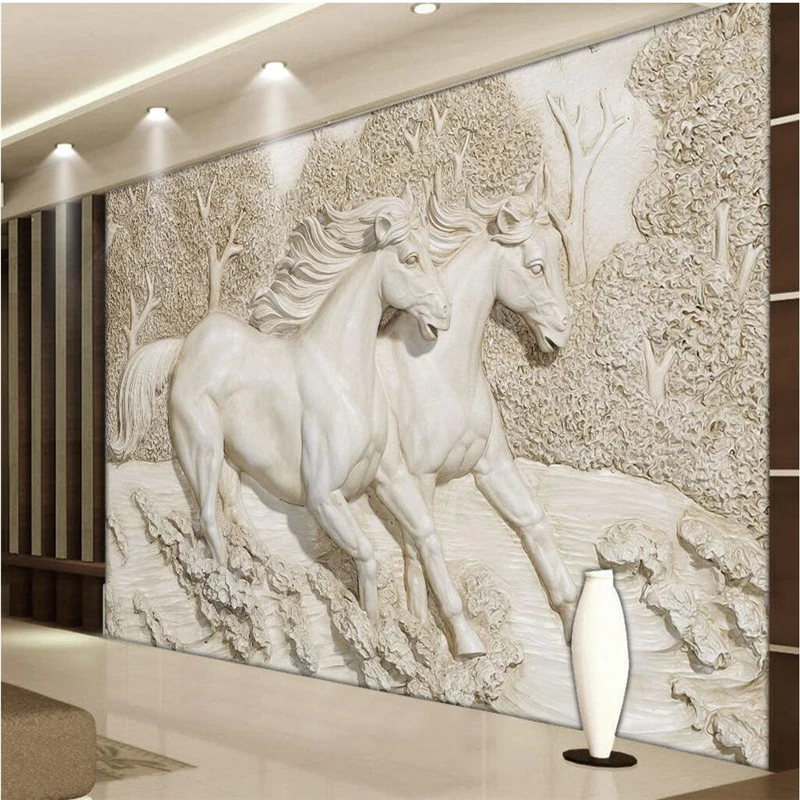 beibehang Wallpaper Mural Wall Sticker 3D Stereo Relief White Horse TV Backdrop papel de parede wallpaper for walls 3 d | Обустройство