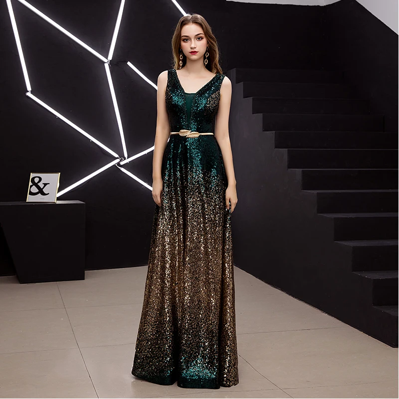 Ladybeauty 2019 Новое прибытие Градиент с блестками Вечернее платье V образным вырезом