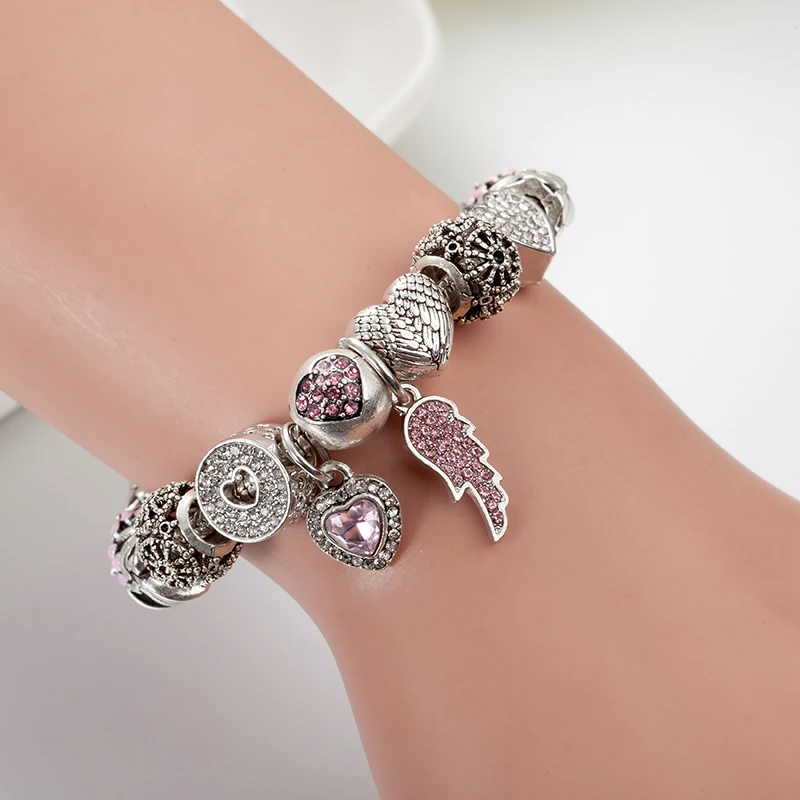 ANNAPAER 2019 European Pink Crystal Angel Wings Charm Bead Fit Original Bracelets for Women Bracelet Jewelry Dropshipping B17044|charm