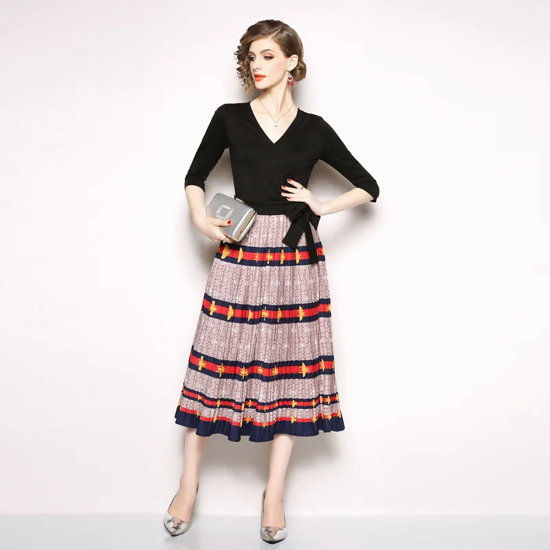 Womens Woman Vintage Designer V-neck Patchwork Printed Pleated Runway Slim Ladies Wear Cocktail Party Swing Dress Dresses N9644 | Женская