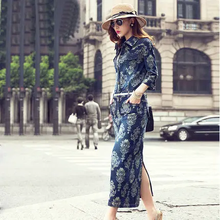 

Free shipping 2015 female slim waist denim one-piece dress full dress show thin waist jean long dress