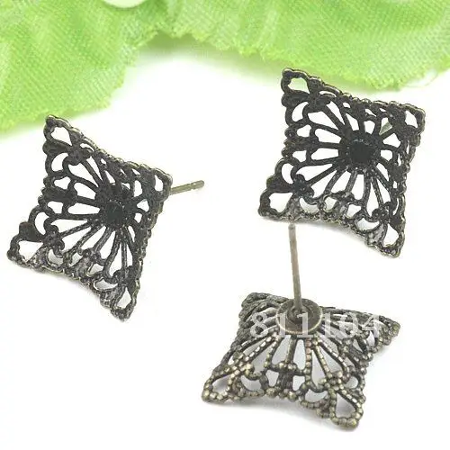 

14mm Antique Bronze tone Blank Earrings Base Square Filigree Flower pads Pins Earrings stud post Settings Findings Crafts