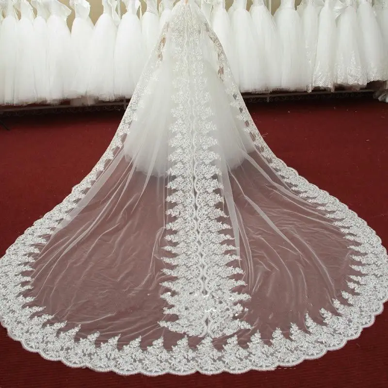 Роскошные 3 м IL свадебная фата Full Lace Аппликации Край мягкий тюль собор Длина