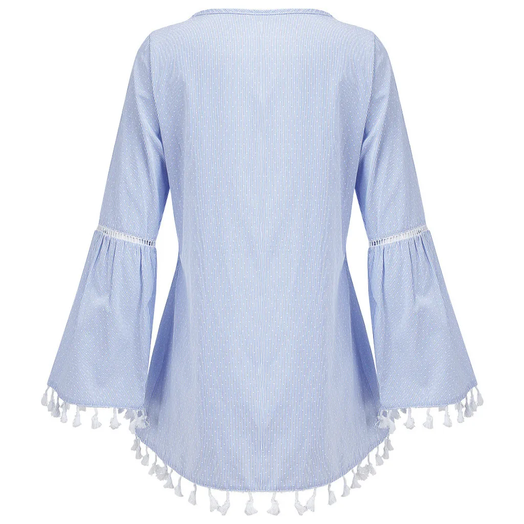 

FREE OSTRICH Striped Flared Sleeve Lace Edge Womens Tops And Blouses Automne O-Neck Female Autumn Blouse Et Chemisier Femme