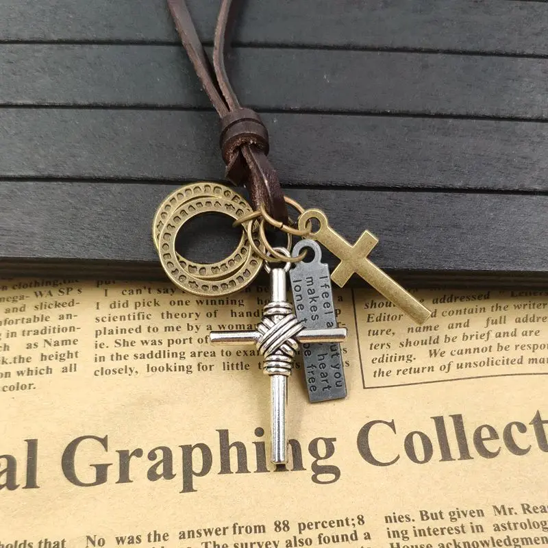 

Antique Cowhide rope necklace Genuine Punk Leather Religion Jesus Bronze Cross Loop Letter Tag Mens Birthday Gift AC033-042