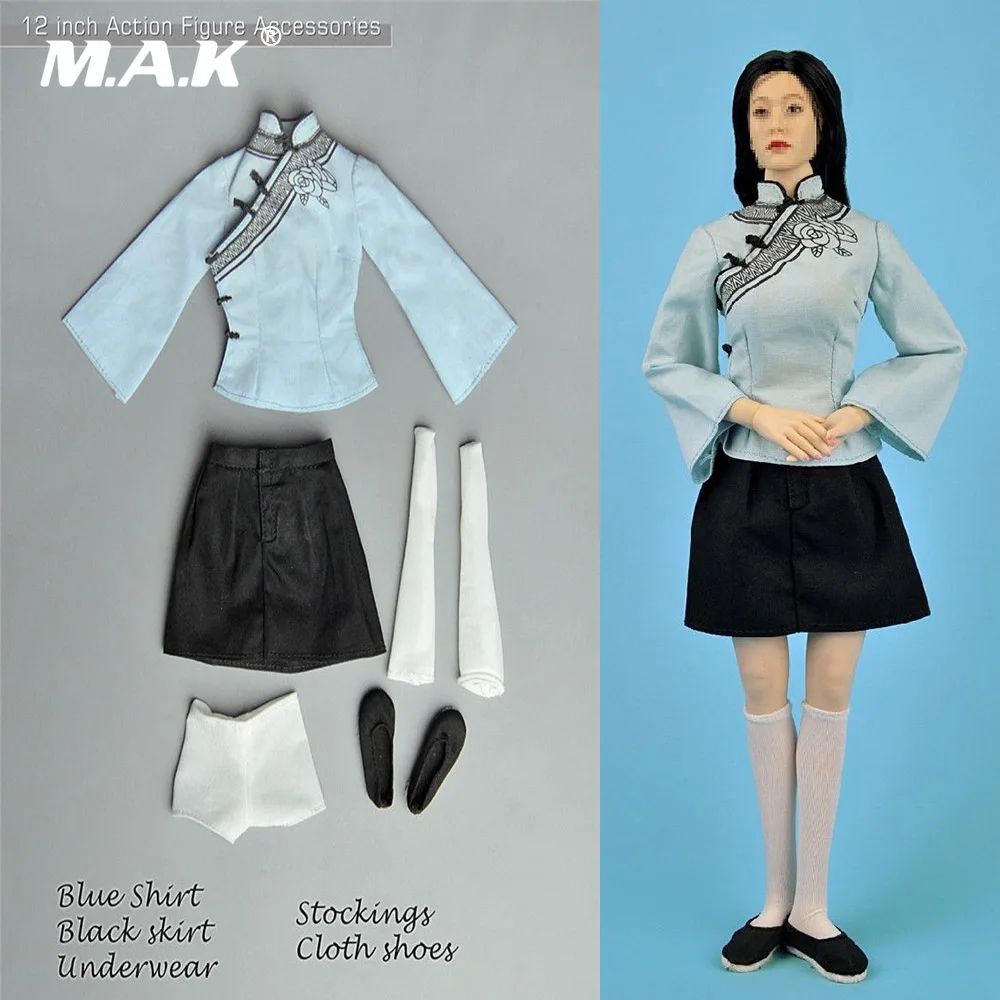 

1/6 The Republic of China Female Students Chinese Classic Gril Clothes Set Blue Shirt & Black Dress for 12'' Action Figure