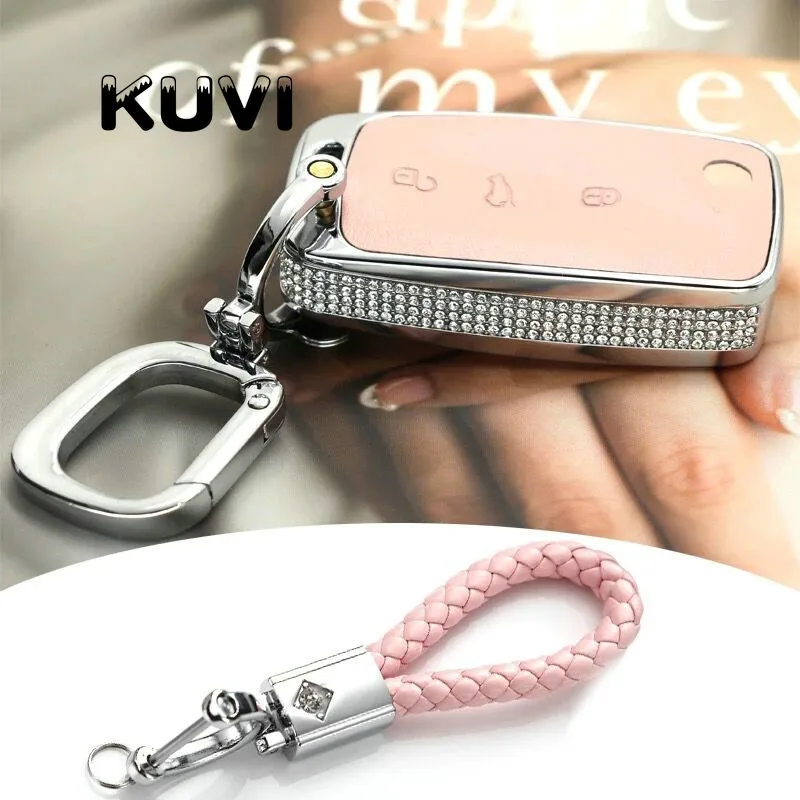 pink with keychain2 Алмазный Кожаный чехол для ключей автомобиля, чехол для ключей автомобиля, подходит для Фольксваген Шкода гольф7 Поло Tiguan Passat Jetta MK5 MK6 T5 Beetle и т. д - Название цвета: pink with keychain2