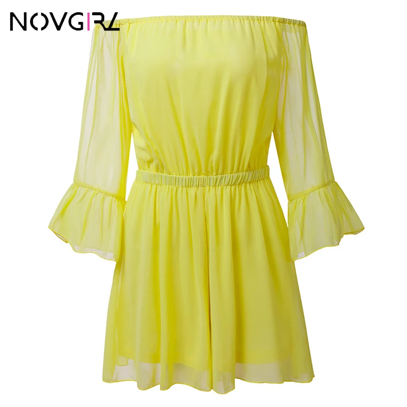 Novgirl Sexy Off Shoulder Chiffion Playsuit Rompers Women 2019 Summer Flare Sleeve Slim Waist Wide Leg Jumpsuit Yellow Overalls | Женская