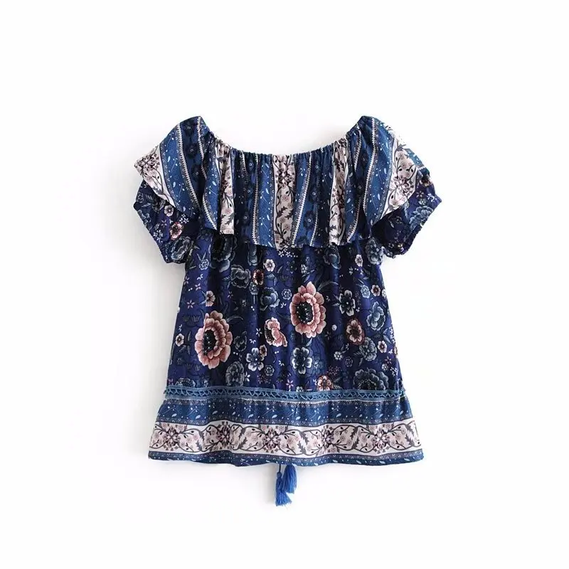 2018 Summer Loose Positioning Printing Lotus Leaf Slash Neck Shirt Short Sleeve Blouse Female Blusas 8072 |