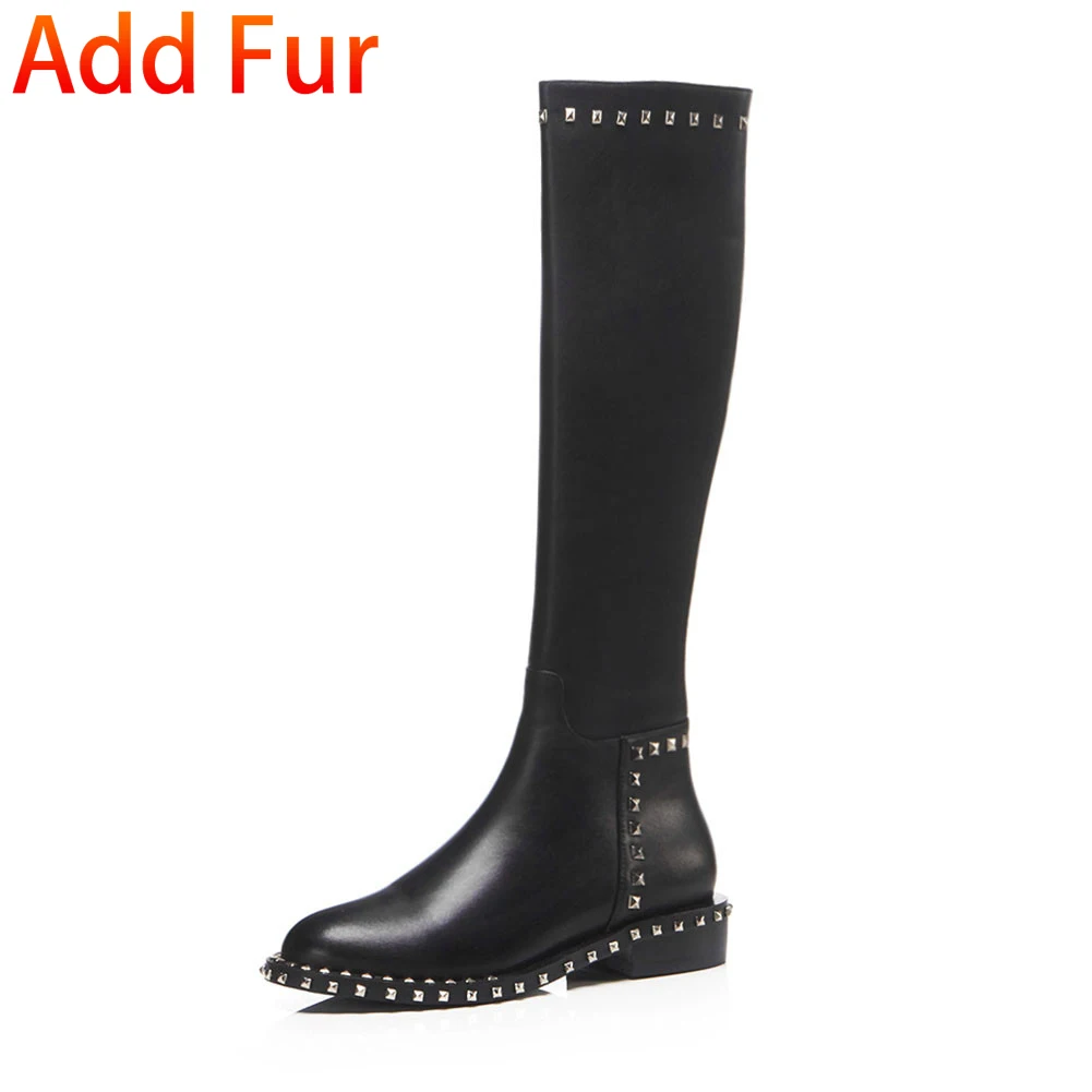 black add fur SARAIRIS/Новая Брендовая женская обувь из натуральной кожи на широком низком каблуке с заклепками; женские повседневные сапоги до колена; сезон осень-зима; большие размеры 34-43 - Цвет: black add fur