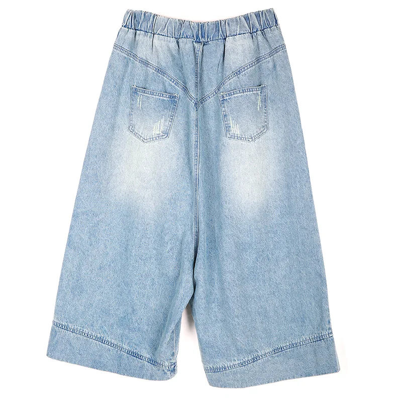 [LONGDENG] 2018 High Elastic Waist Light Blue Denim Holes Plus Size Women Wide Leg Pants Jeans Casual Trousers Fashion 18-3151 | Женская