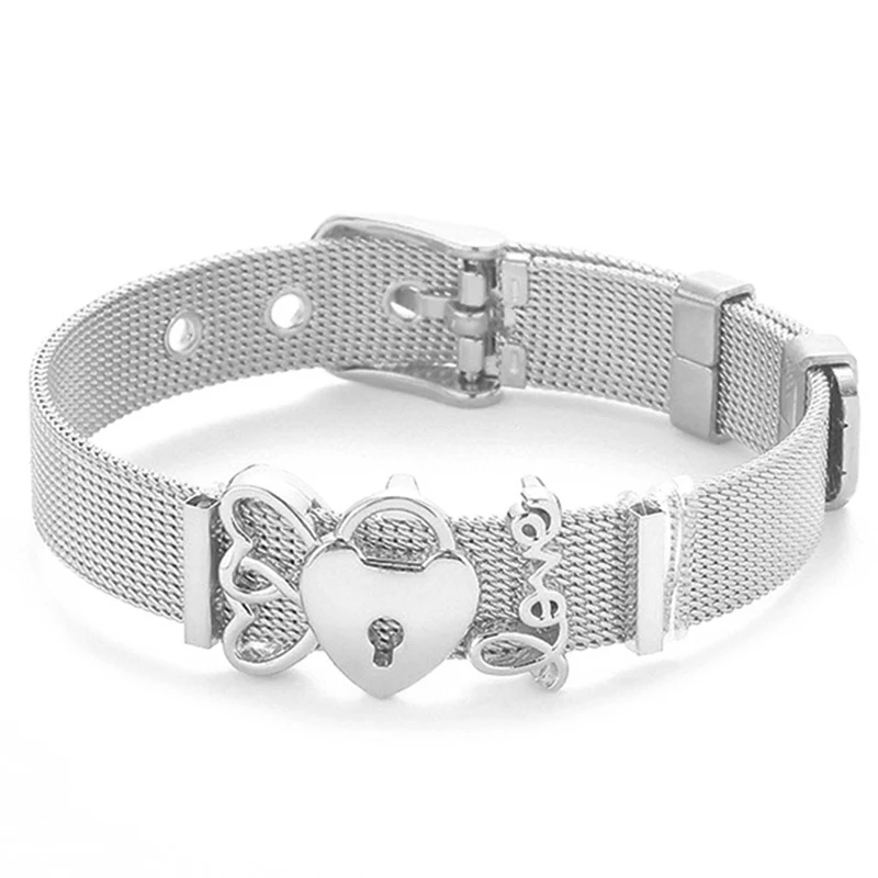 Fashion Stainless Steel Woman Men Bracelet Mesh Bracelet Set Crystal Heart Anchor Charm Fine Bracelet Bangle for Female Lover