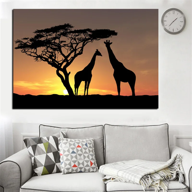 Картина маслом на холсте с изображением оленя, жирафа и заката в стиле HD Print. Поп-арт. Современный постер с животными на стену для гостиной. Картина для живой комнаты "Cuadros".