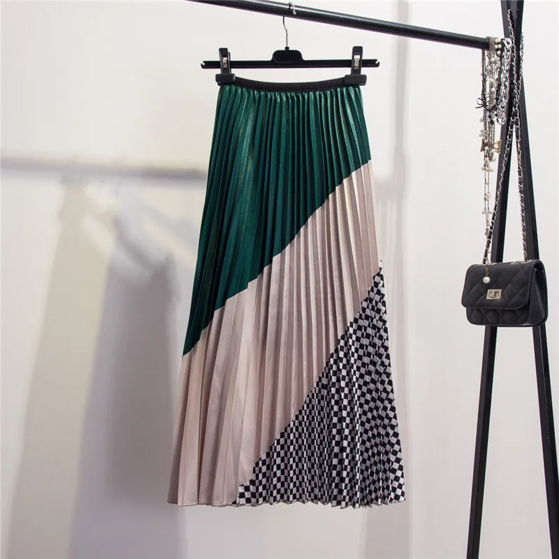 2019 Autumn New-Coming European Color Matching Plaid Pleated Skirt High Street Style Mid-Calf Empire Striped Women Skirts | Женская