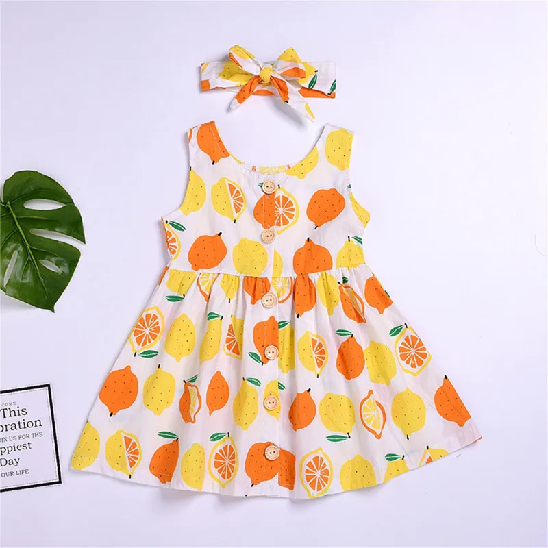 Kids Baby Girl Clothing Fruits Flowers Printed 2Pcs Sets Sweet Sleeveless Strap Button Dress A-Line Sundress Bow Headband 6M-4Y | Детская