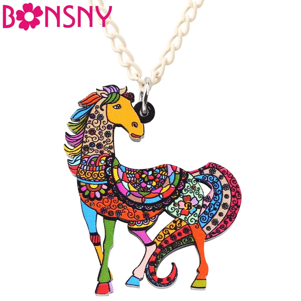 

Bonsny Acrylic Floral Horse Necklace Pendant Chain Choker Fashion Animal Jewelry Novelty Charms For Women Girls Accessories News