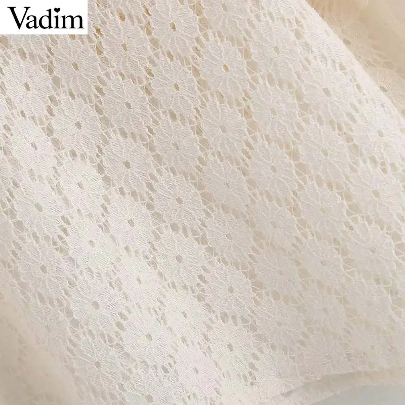 Vadim women sweet ruffles crop tops long sleeve solid female casual beige blouses summer hollow out chic shirts blusas LB297 |