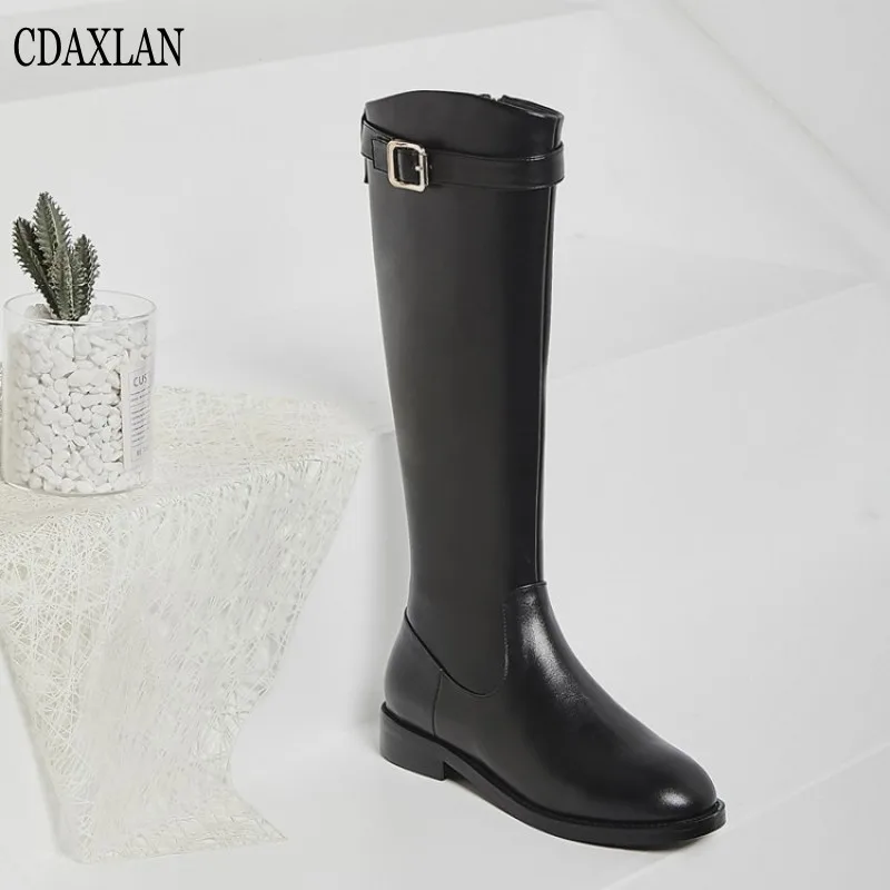 

CDAXILAN new to women's boots genuine cow leather side zipper flat sole low heel motorcycle boots knee-high boots winter autumn