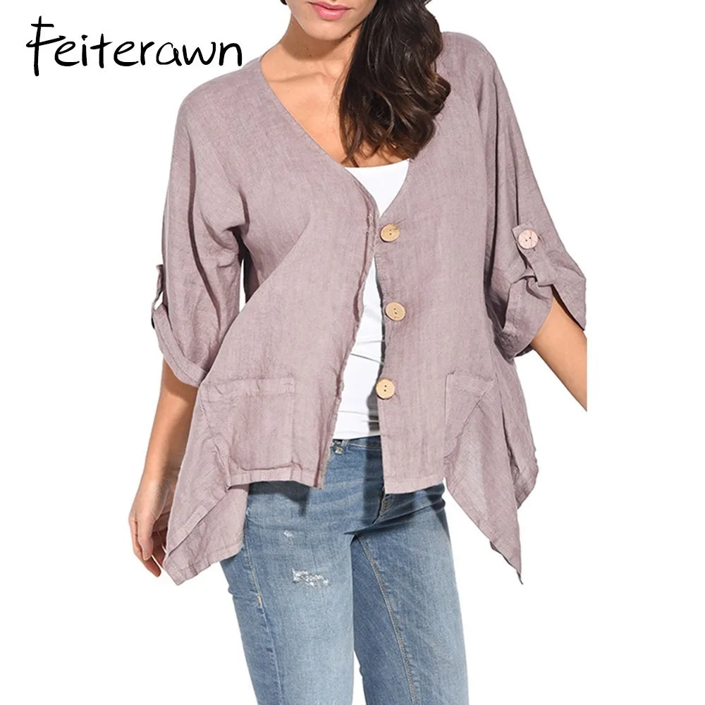 Feiterawn Roll Tab Sleeve и пуговицы спереди Для женщин Повседневная рубашка кардиганы три