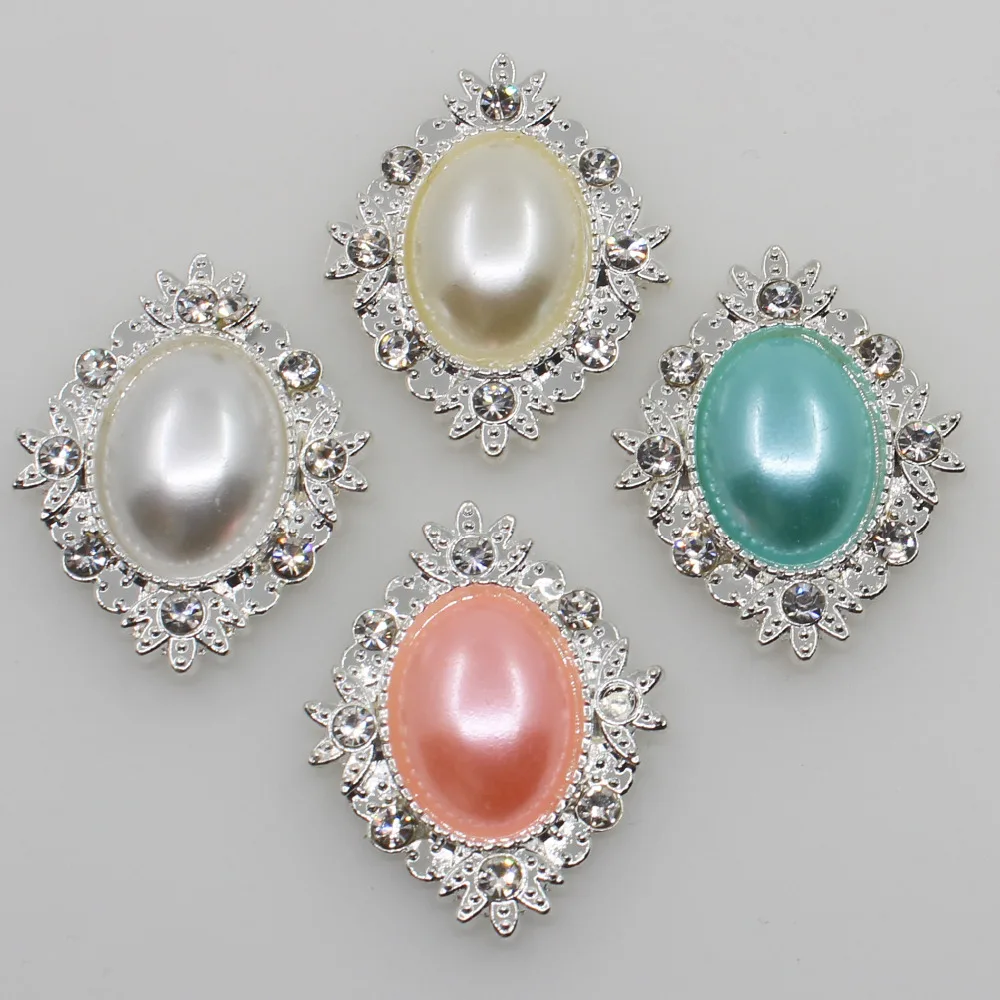 

New 26*32mm multi color pearl rhinestone silver buttons Wedding decoration clothing metal crafts Hair flower center scrapbooking