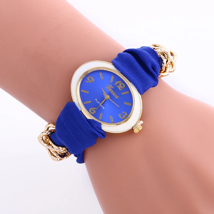 100pcs/lot oval head gold case geneva watch cloth belt fashion ribbon elegance wrap quartz wholesale lady wristwatch | Наручные часы