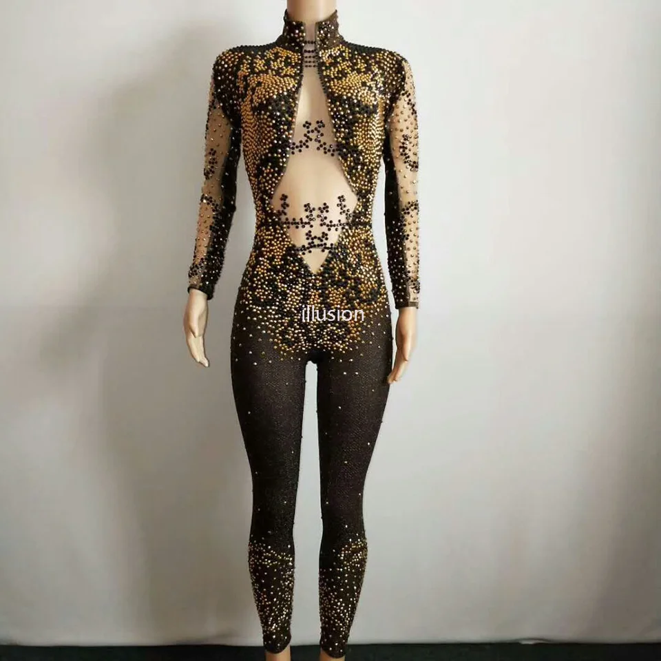 

Luxurious Rhinestones Gold Sequined Mini Dress Women Voile See Through Elegant Bodycon Dress Lady Celebrate Prom Party Costume