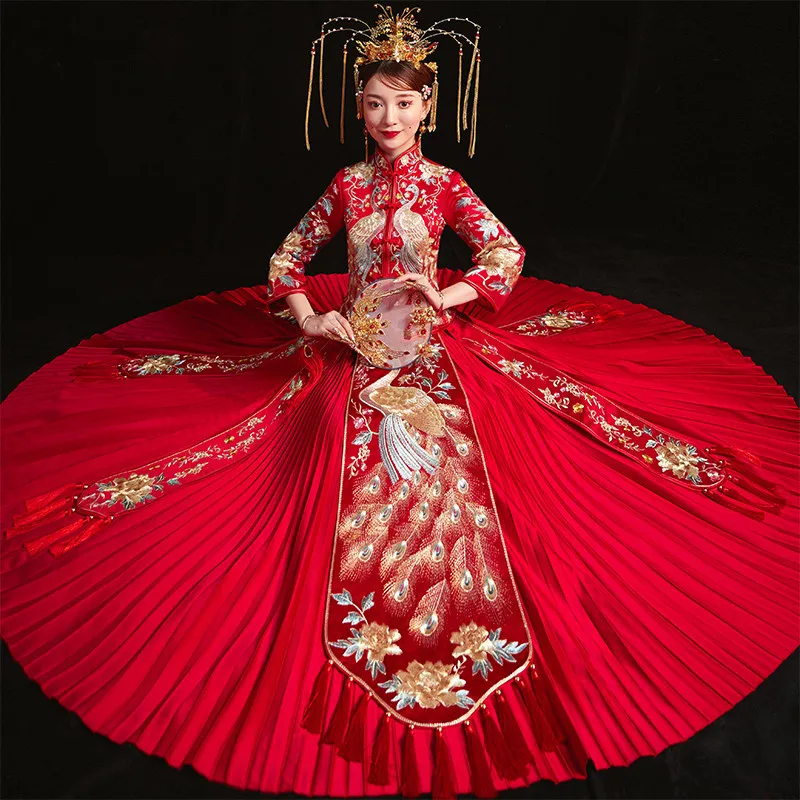 Китайское женское свадебное платье Ципао с вышивкой длинное вечернее la robe de mariee
