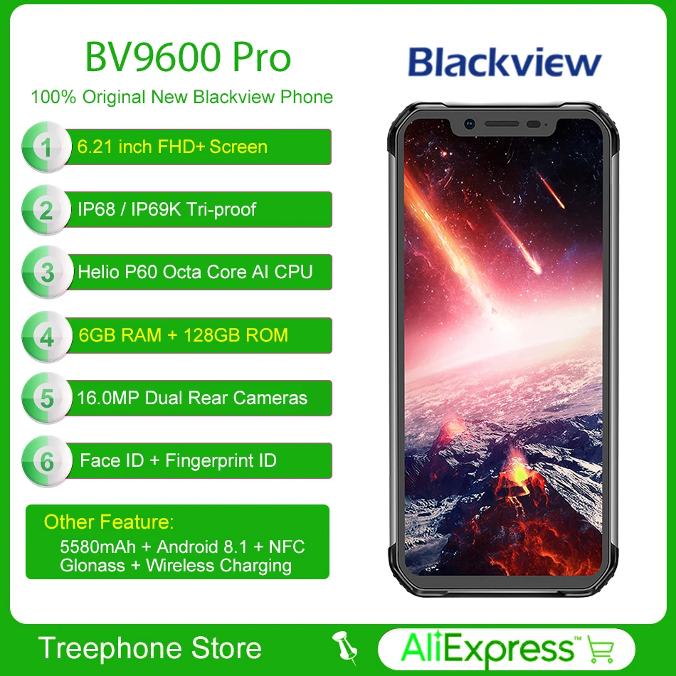 BLACKVIEW BV9600 Pro IP68 6 ГБ + 128 смартфон 16MP Face ID 21 дюймов FHD беспроводной зарядки NFC 4G Android 8 1