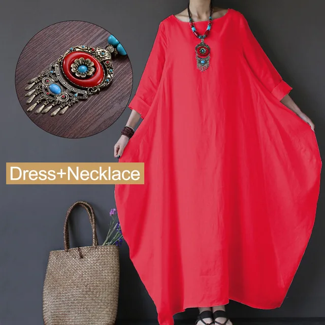 Red and Necklace Хлопковое льняное женское платье макси размера плюс, однотонное белое весеннее винтажное платье с длинным рукавом и круглым вырезом, женское Повседневное платье Sukienki 5XL - Цвет: Red and Necklace