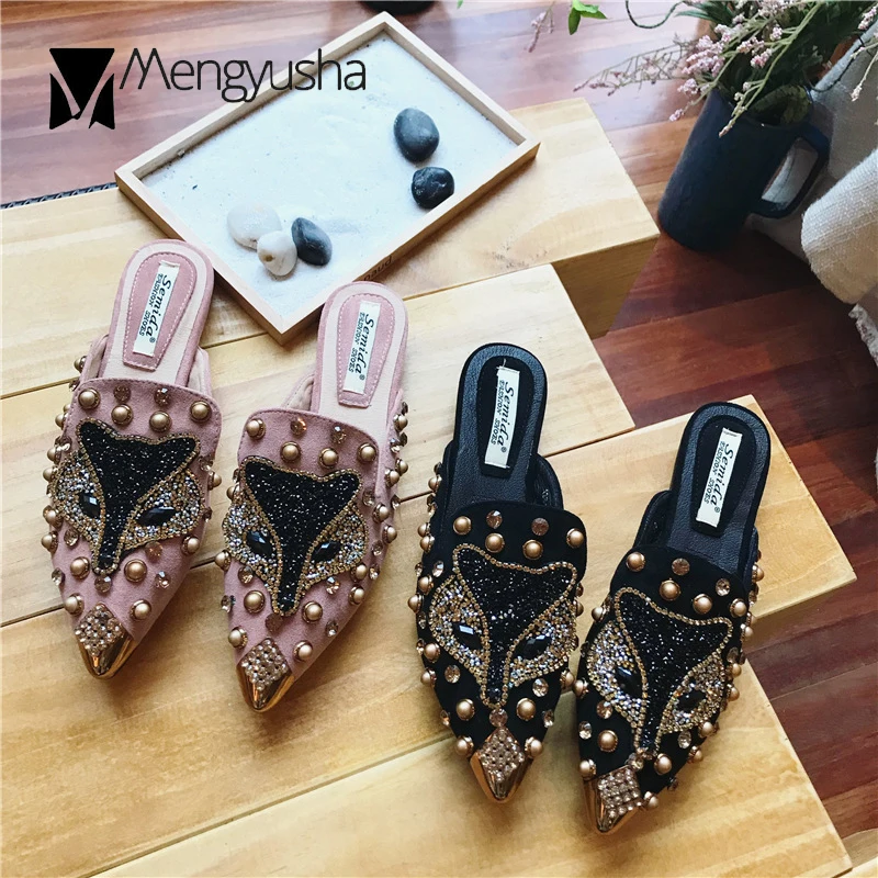 С принтом Лиса bling теплые тапочки mujer шлепанцы со стразами Сезон лето с