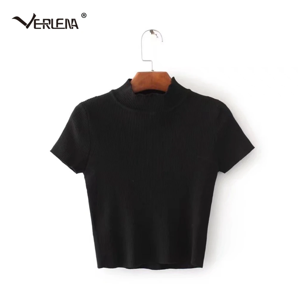 Verlena Cropped Jumper 2019 Solid Black Autumn Sweater Women Pullover Basic Knitwear Turtleneck Short Sleeve Crop Top Sweaters | Женская