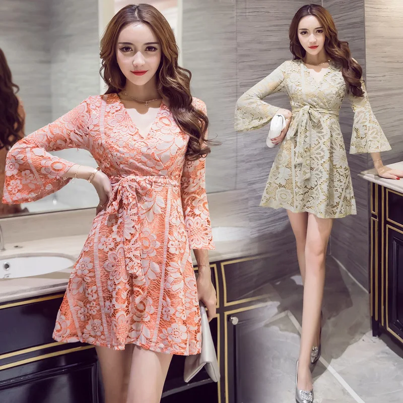 Летнее оранжевое зеленое кружевное сексуальное платье с v образным вырезом и