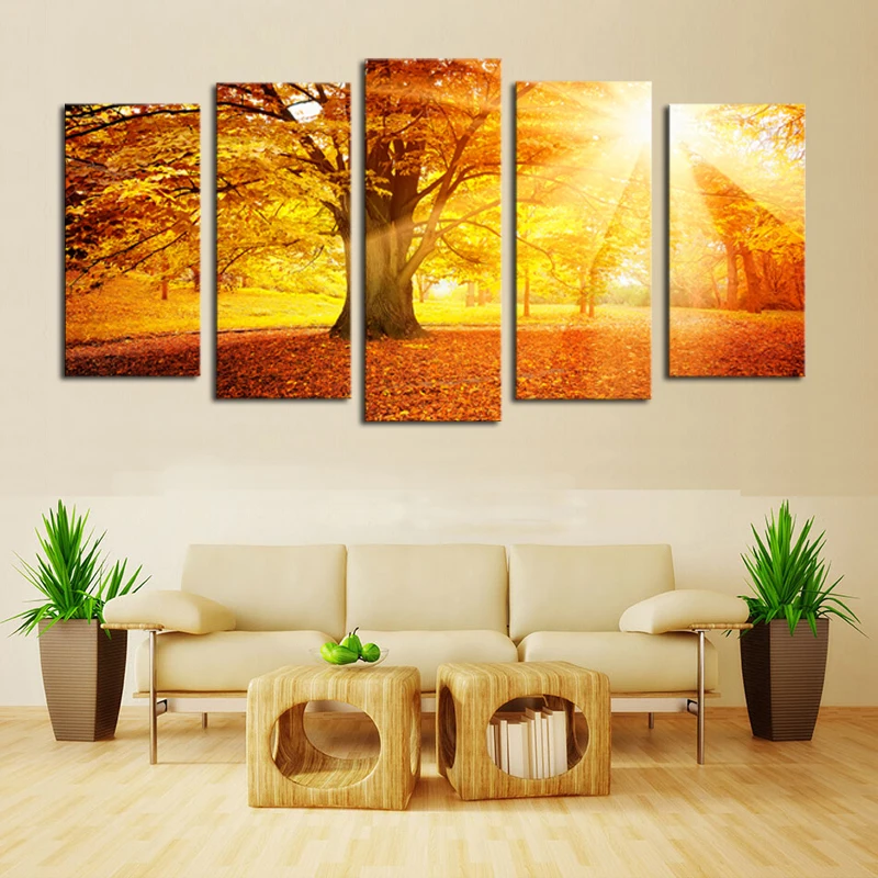 

Unframed 5 Panels Sunset Trees View Landscape Print Wall Picture Canvas Oil Painting Printed For Home Decoration