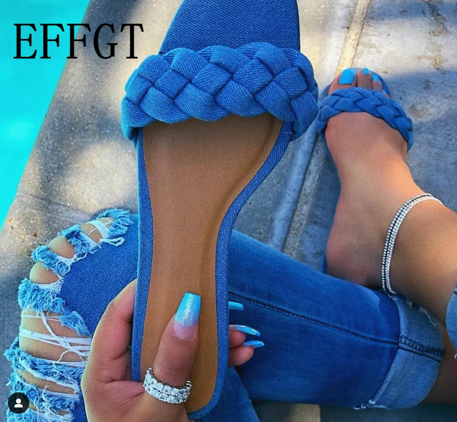 Женские джинсовые шлепанцы EFFGT плетеные плоская подошва открытый носок пляжные