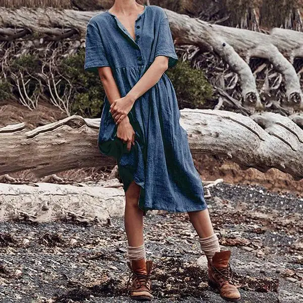 CALOFE женское хлопковое льняное платье с длинным рукавом повседневное однотонное v