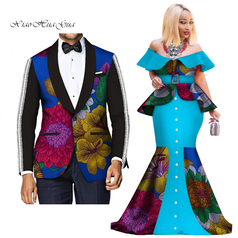 Fashion Custom African Couple Wedding Clothing Dashiki Women Skirt& Men Blazer for Lovers African Traditional Clothing WYQ276