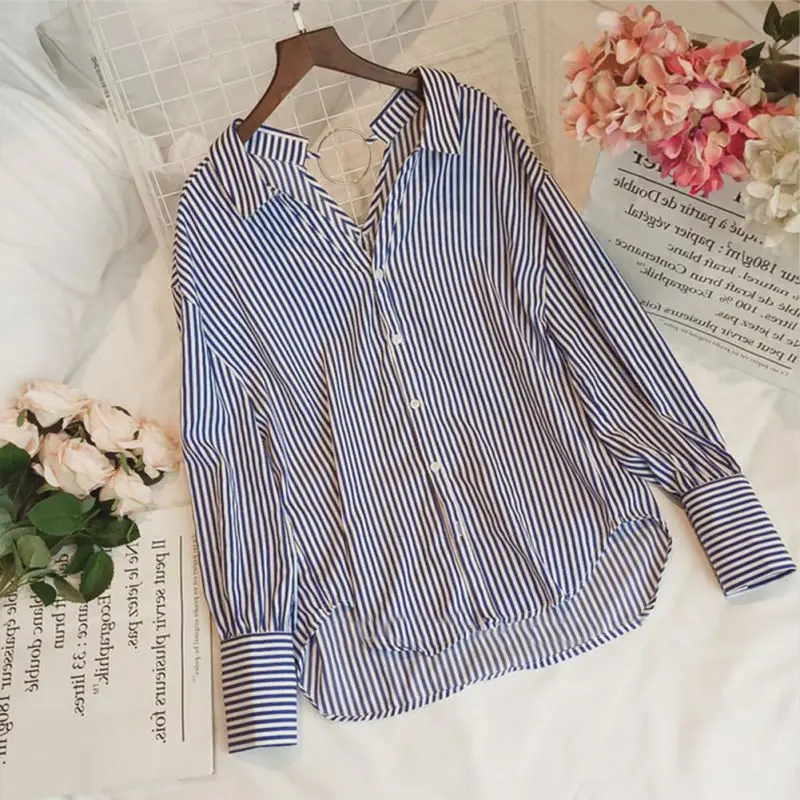 

Women V-neck Blouses Female Cotton Shirt Sweet Long-sleeved Loose Striped Casual Tie Blouse