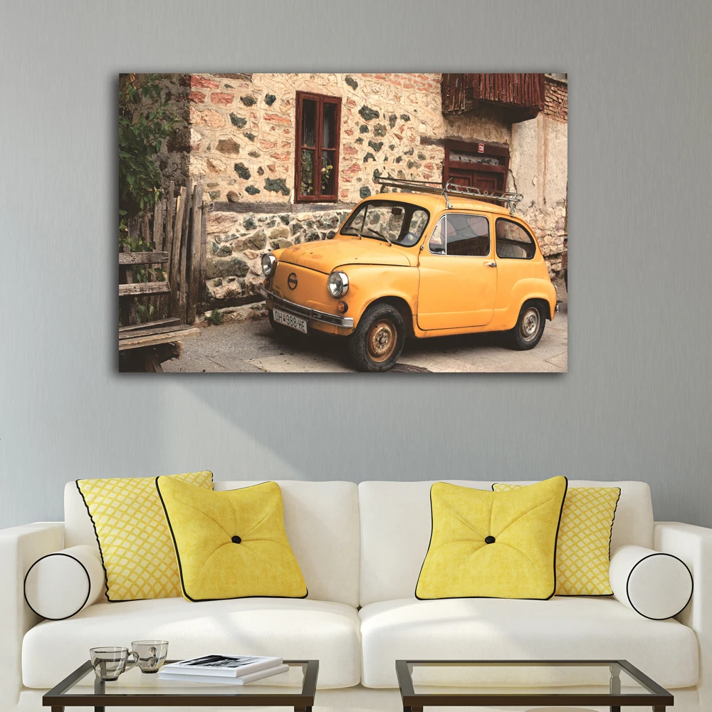 Retro Yellow car on road Vehicle wall picture artwork canvas painting art HD printed poster wood frame plaque for living room | Дом и сад