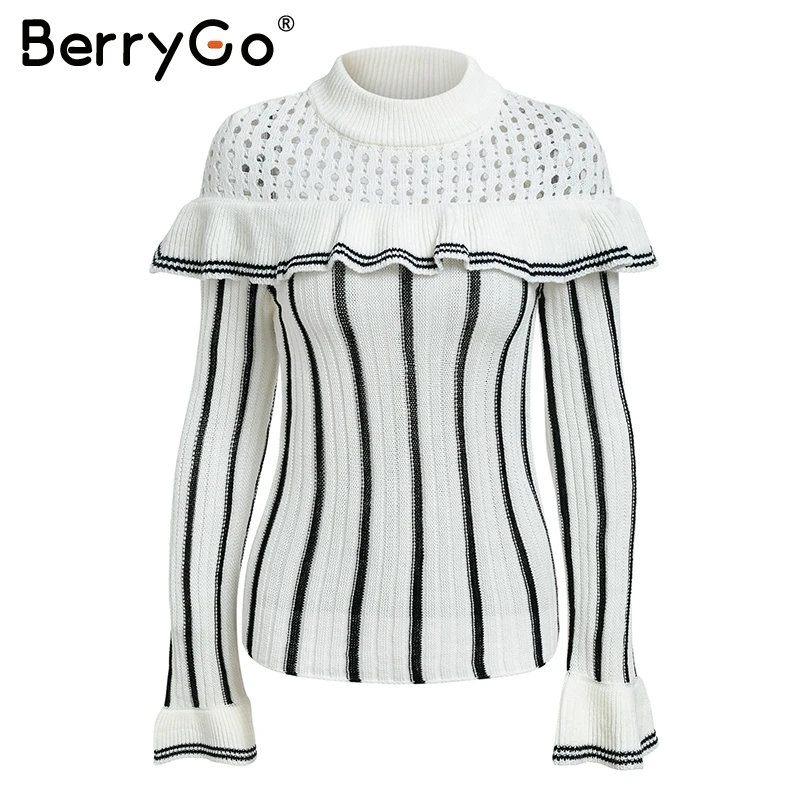 BerryGo Sexy hollow out ruffles knitted pullover Women casual striped sweater autumn winter 2018 Flare sleeve warm jumper female | Женская