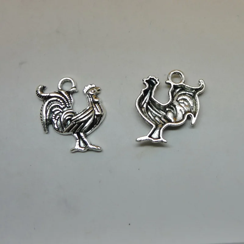 

ALY 100pcs/lot Vintage Silver Rooster Charms 17x21mm Poultry Cock Pendant Domestic Bird DIY Jewelry Findings
