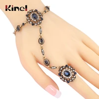kinel turkish jewelry set blue main stone bracelet link ring for women antique gold mosaic crystal vintage wedding jewelry